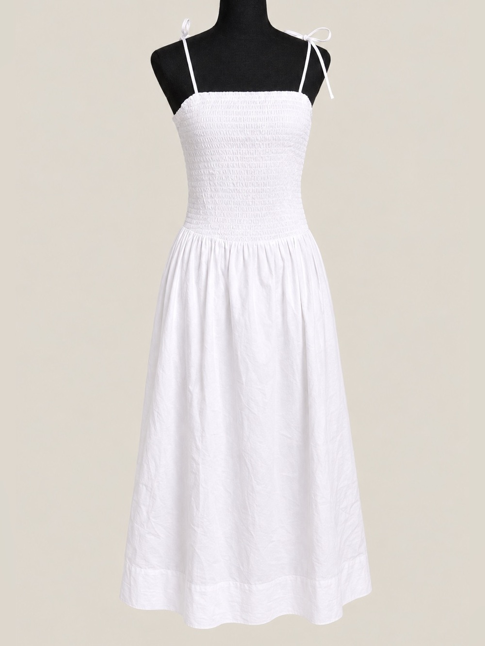 ASTR The Label White Smocked Tie Strap Cotton Midi Dress Size Large NWT